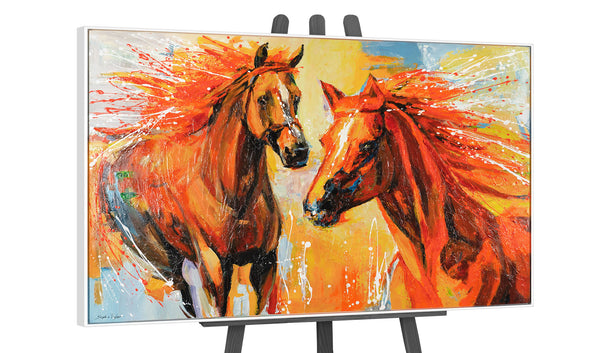The painting "Fire and Movement" is a dynamic duet of horses in bright colors