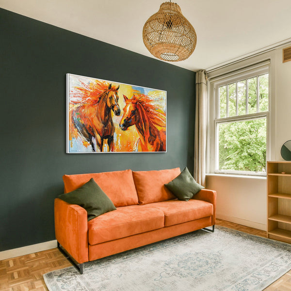 The painting "Fire and Movement" is a dynamic duet of horses in bright colors