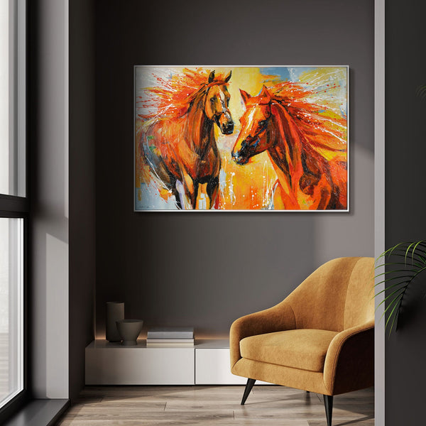 The painting "Fire and Movement" is a dynamic duet of horses in bright colors