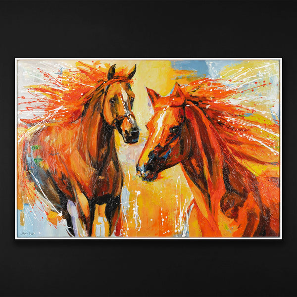 The painting "Fire and Movement" is a dynamic duet of horses in bright colors