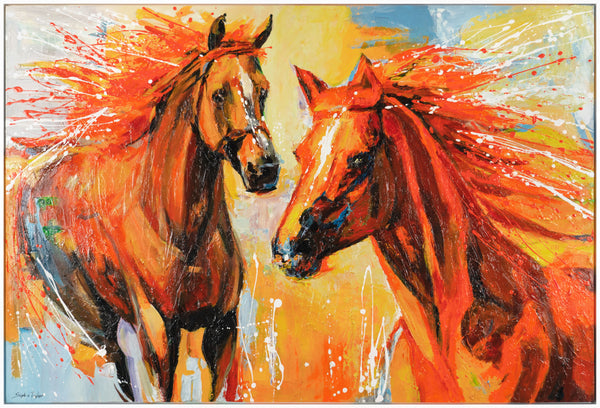 The painting "Fire and Movement" is a dynamic duet of horses in bright colors