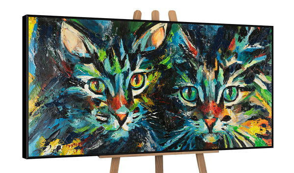 The painting "Two" is a bright duet in a feline performance