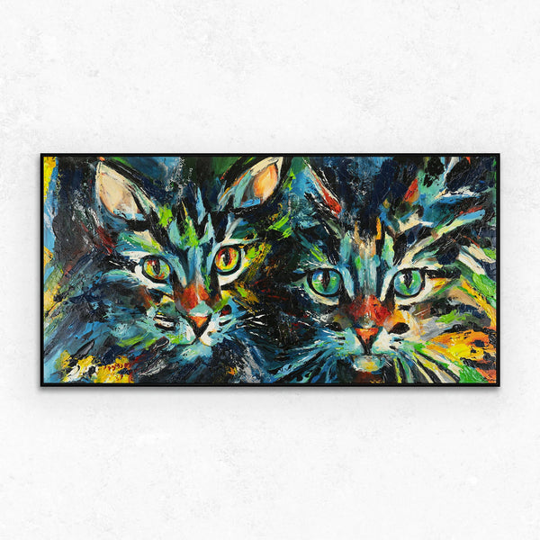 The painting "Two" is a bright duet in a feline performance