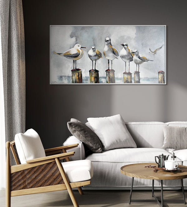 The painting "Sea Morning" is a plot with seagulls in pastel colors