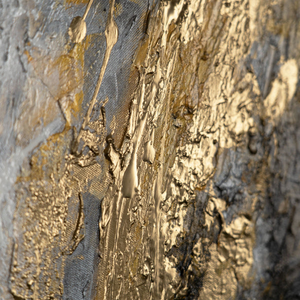 The painting "Golden Structure" is an abstract explosion of texture and metal