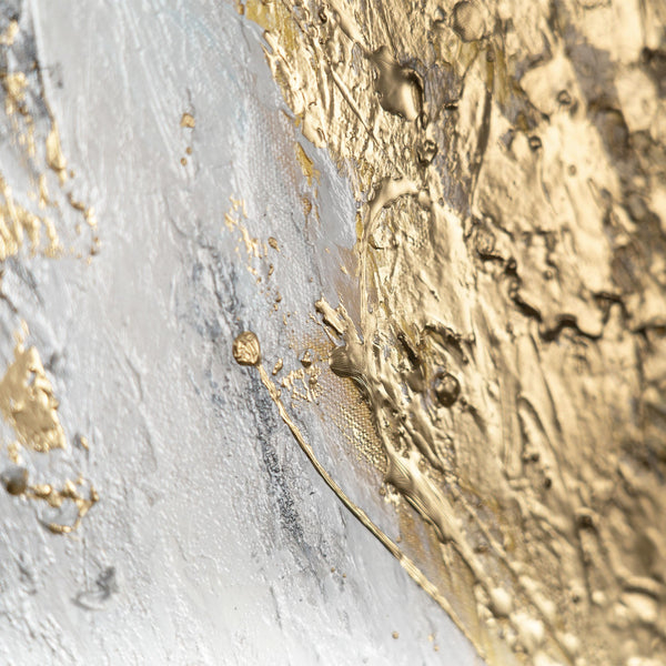 The painting "Golden Structure" is an abstract explosion of texture and metal
