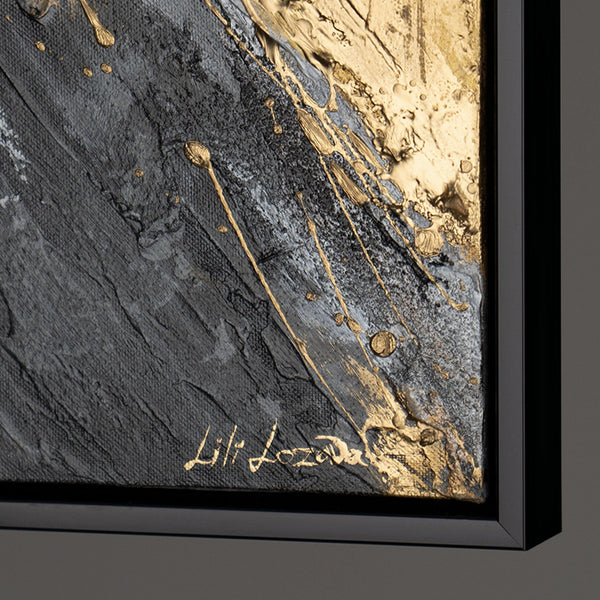 The painting "Golden Structure" is an abstract explosion of texture and metal