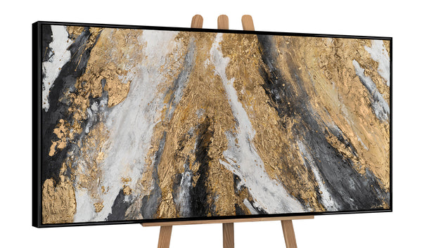 The painting "Golden Structure" is an abstract explosion of texture and metal