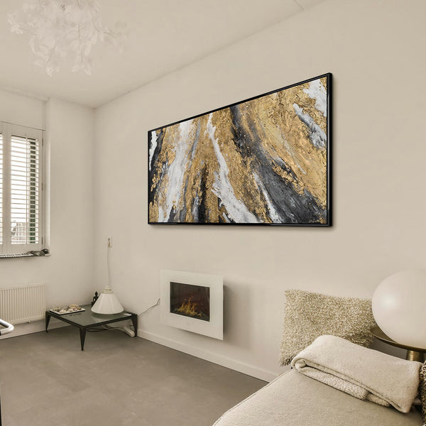 The painting "Golden Structure" is an abstract explosion of texture and metal