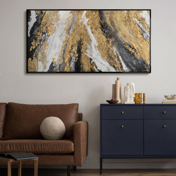 The painting "Golden Structure" is an abstract explosion of texture and metal