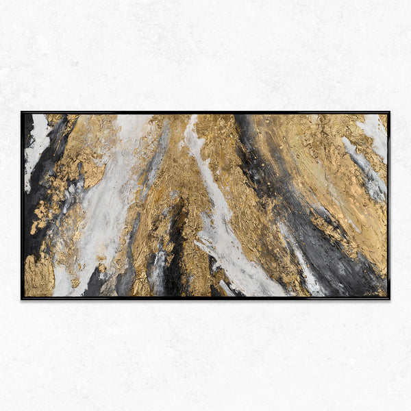The painting "Golden Structure" is an abstract explosion of texture and metal