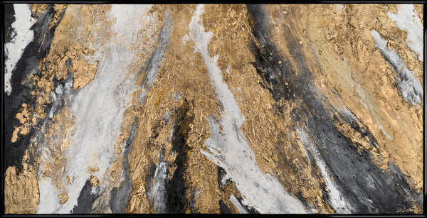 The painting "Golden Structure" is an abstract explosion of texture and metal