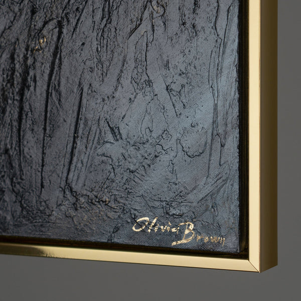 The painting "Stream of Gold" is an abstraction in a deep contrasting palette
