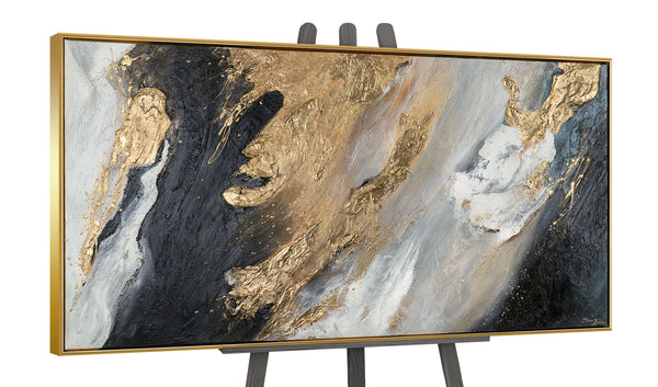 The painting "Stream of Gold" is an abstraction in a deep contrasting palette