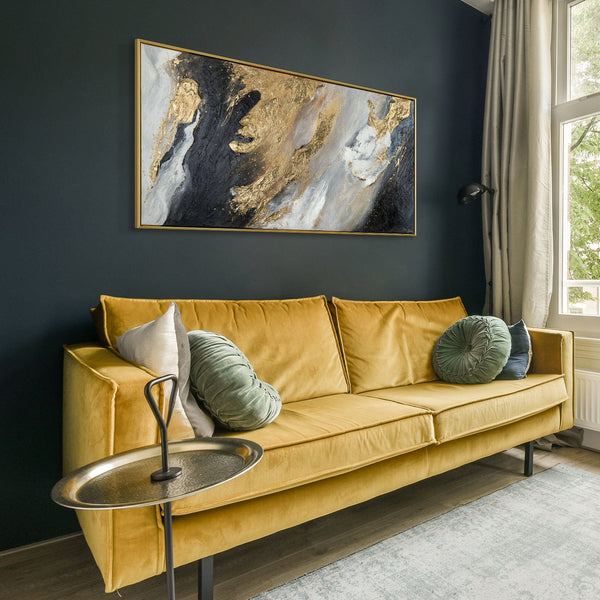 The painting "Stream of Gold" is an abstraction in a deep contrasting palette