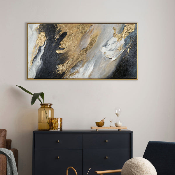 The painting "Stream of Gold" is an abstraction in a deep contrasting palette