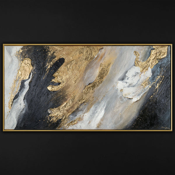 The painting "Stream of Gold" is an abstraction in a deep contrasting palette