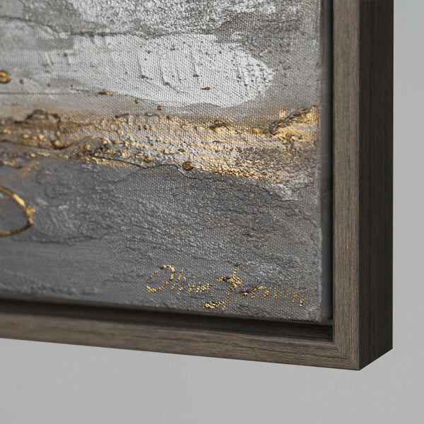 The painting "Silence of the Stone" is an abstract landscape in a mineral palette