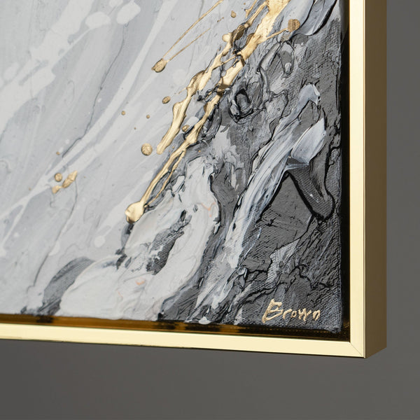 The painting "Edges of Space" is an abstraction in black and white dynamics