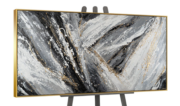 The painting "Edges of Space" is an abstraction in black and white dynamics