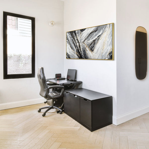 The painting "Edges of Space" is an abstraction in black and white dynamics