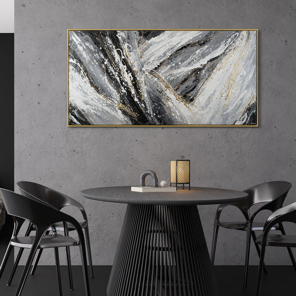 The painting "Edges of Space" is an abstraction in black and white dynamics