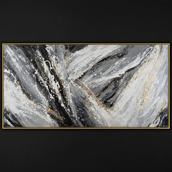 The painting "Edges of Space" is an abstraction in black and white dynamics