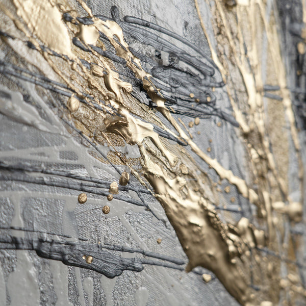 The painting "Mechanics of Motion" is a linear abstraction in metallic tones.