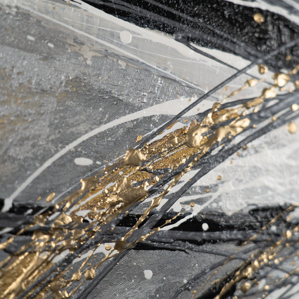 The painting "Mechanics of Motion" is a linear abstraction in metallic tones.