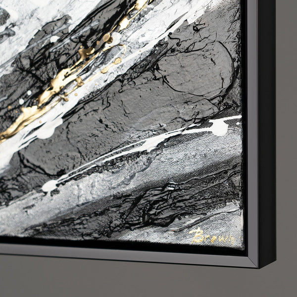 The painting "Mechanics of Motion" is a linear abstraction in metallic tones.