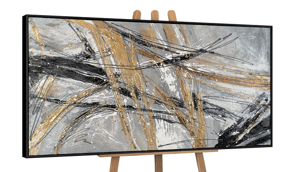 The painting "Mechanics of Motion" is a linear abstraction in metallic tones.