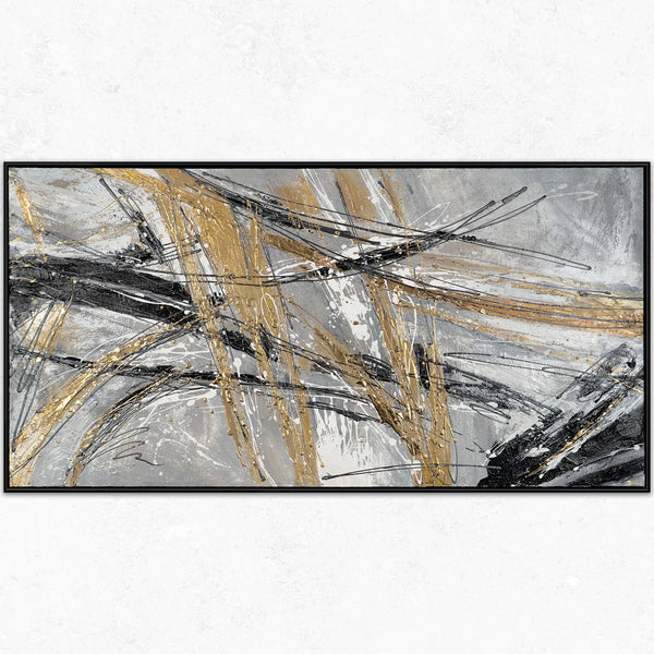 The painting "Mechanics of Motion" is a linear abstraction in metallic tones.