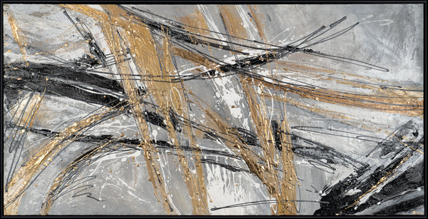The painting "Mechanics of Motion" is a linear abstraction in metallic tones.