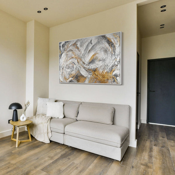 The painting "Marble Stream" is an energetic abstraction in a stone palette