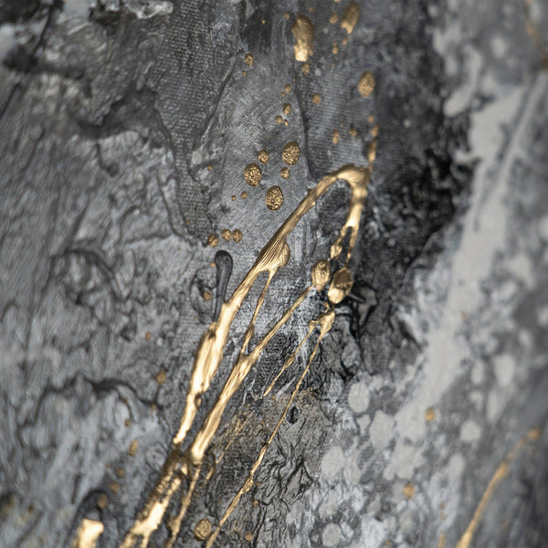 The painting "Black Gold" is a dynamic abstraction in monochrome