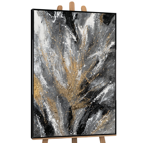 The painting "Black Gold" is a dynamic abstraction in monochrome