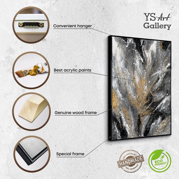 The painting "Black Gold" is a dynamic abstraction in monochrome