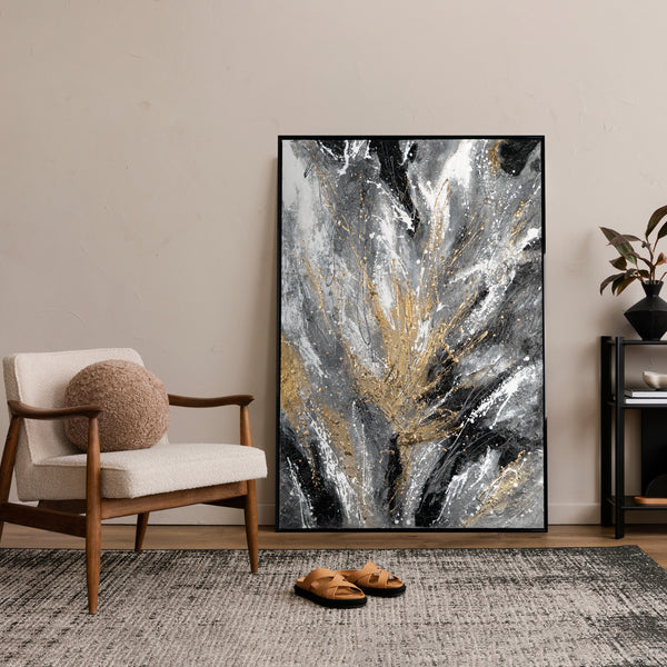 The painting "Black Gold" is a dynamic abstraction in monochrome