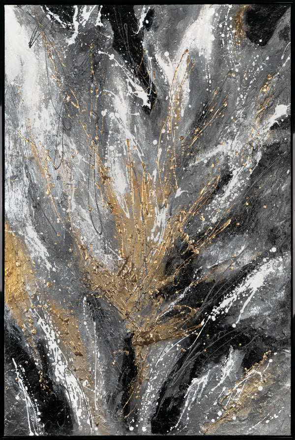 The painting "Black Gold" is a dynamic abstraction in monochrome