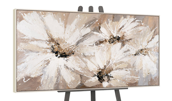 The painting "Dance of Daisies" is a floral abstraction in warm colors.