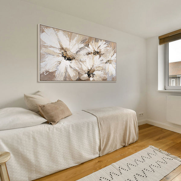 The painting "Dance of Daisies" is a floral abstraction in warm colors.
