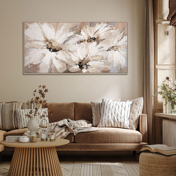 The painting "Dance of Daisies" is a floral abstraction in warm colors.