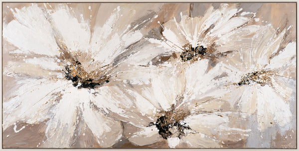 The painting "Dance of Daisies" is a floral abstraction in warm colors.