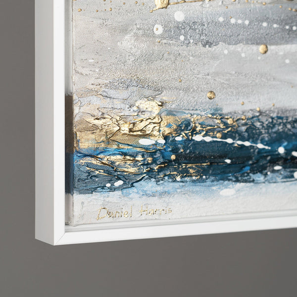 The painting "Wave and Rock" is an emotional abstraction in blue tones