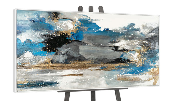 The painting "Wave and Rock" is an emotional abstraction in blue tones