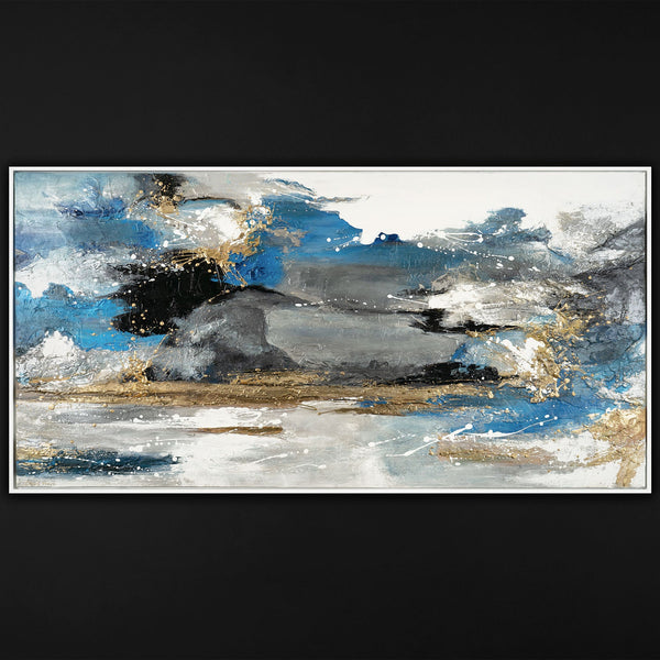 The painting "Wave and Rock" is an emotional abstraction in blue tones