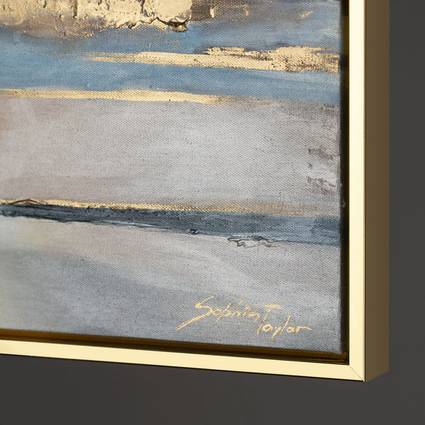 The painting "Calm Over the Water" is an abstract landscape in evening tones