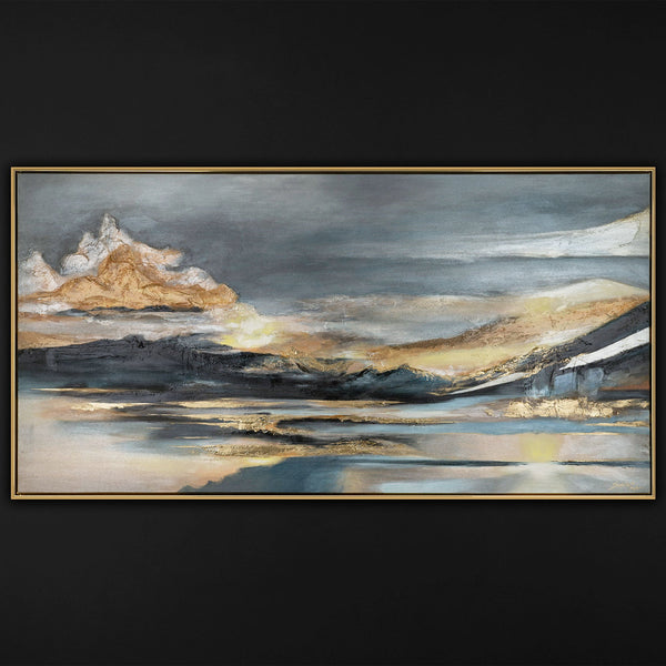 The painting "Calm Over the Water" is an abstract landscape in evening tones