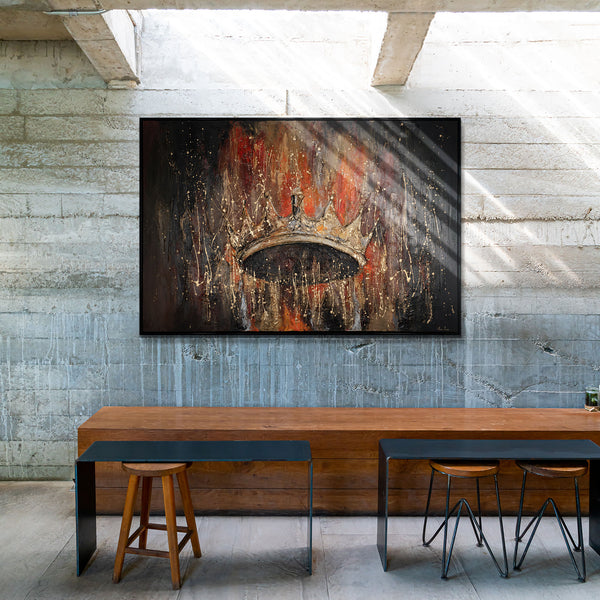 The painting "The Crown" is a symbol of power in gold and fire