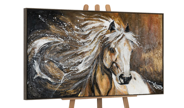 The painting "Power in Motion" is a dynamic portrait of a horse